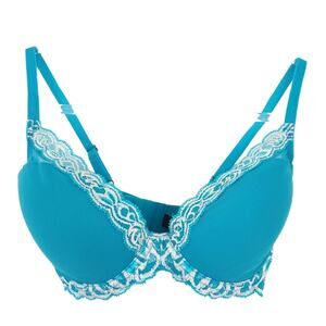 Natori Bra Lace Trim 34D Teal Blue Tan Underwire Bra Excellent Condition